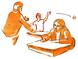 Ett klassrum, två elever som sitter vid bäck, pojken kastar papper och flickan skriver